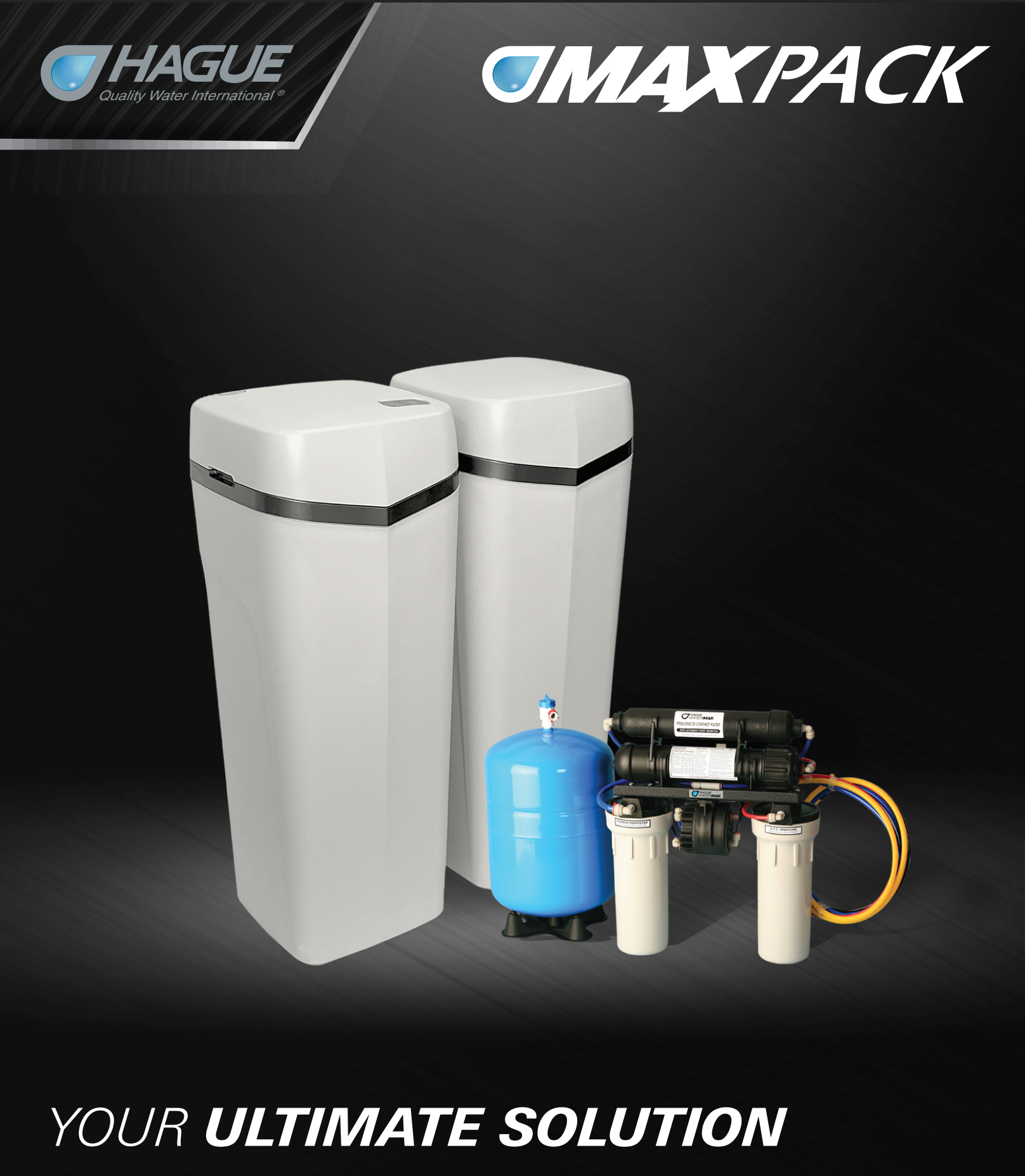 Hague MaxPack water treatment system — water softener, filtration tanks, and reverse osmosis unit