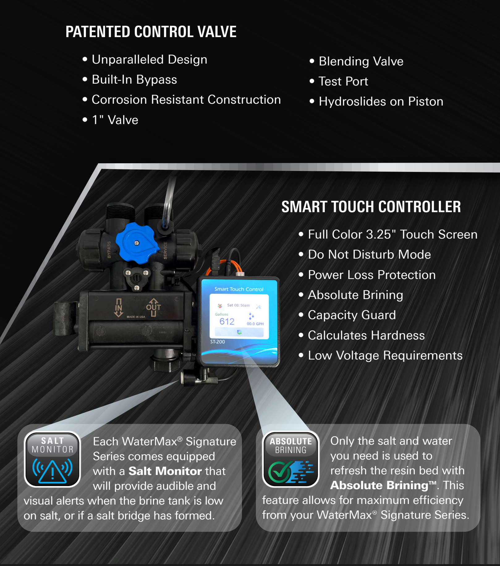 WaterMax Signature Series Patented Control Valve features — unparalleled design, built-in bypass, corrosion resistant construction, 1-inch valve, blending valve, test port, hydroslides on piston — and Smart Touch Controller with full color 3.25-inch touch screen, Do Not Disturb mode, power loss protection, absolute brining, capacity guard, calculates hardness, low voltage requirements
